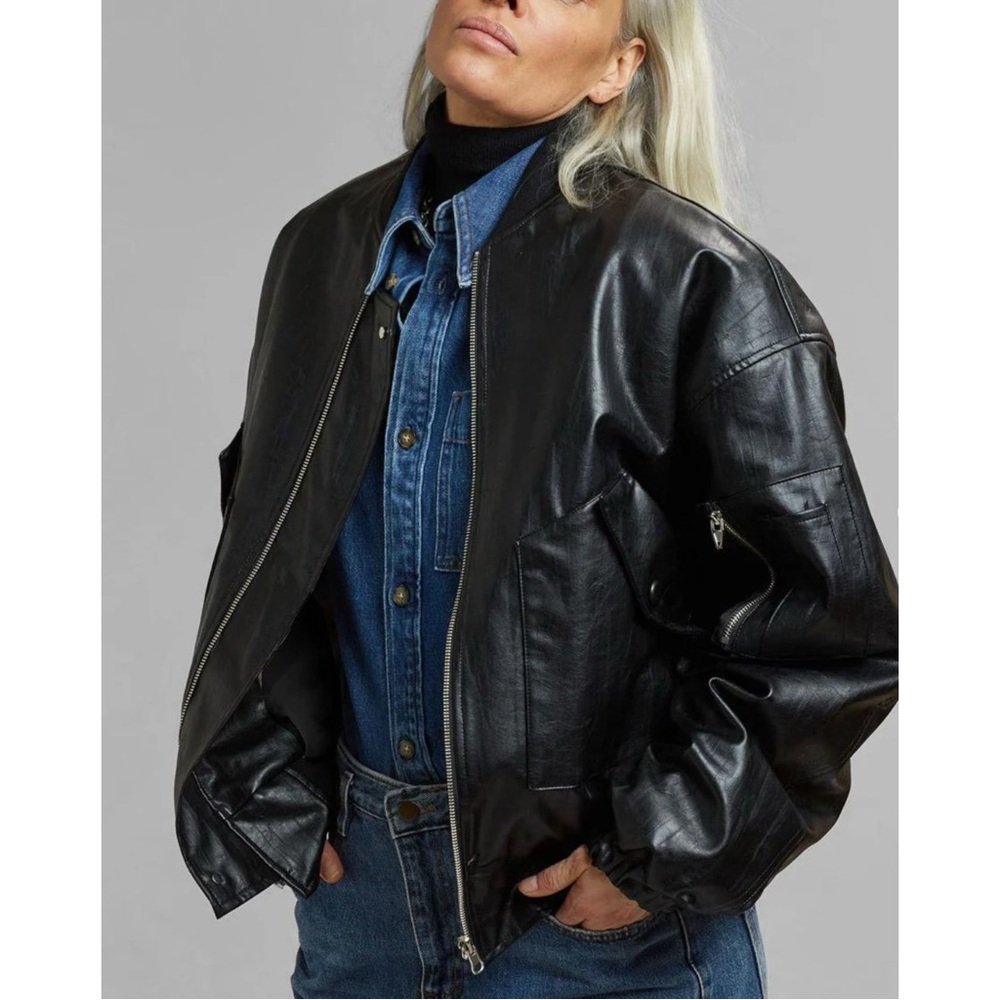Frankie Shop Hane Black Relaxed Loose Fit Oversized Faux Leather Bomber Jacket